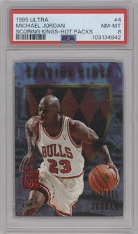 Michael Jordan from the 1995-96 Fleer Ultra set featuring a Hot Packs parallel graded by PSA and given an overall grade of 8.