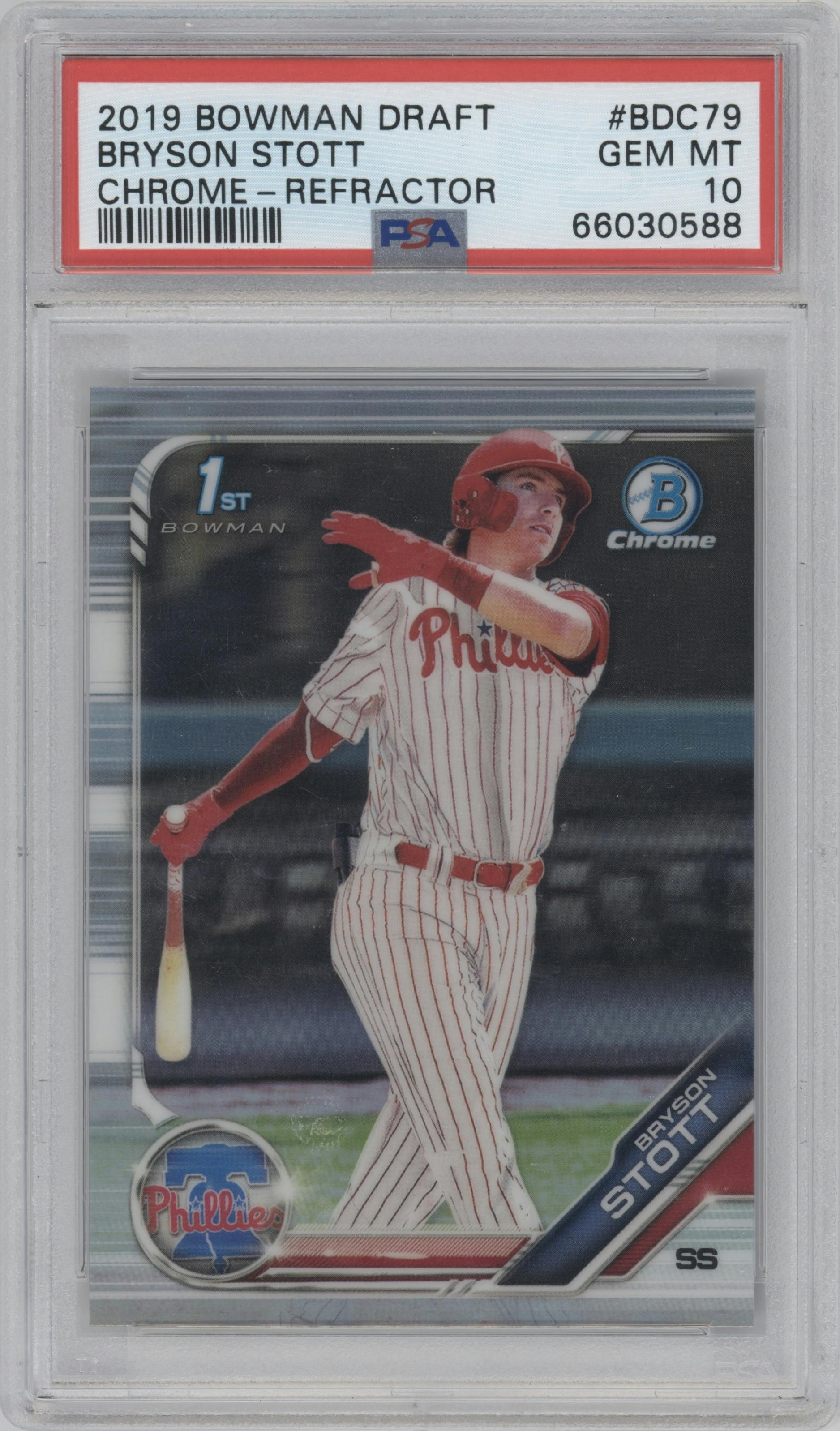 Bryson Stott from the 2019 Bowman Draft set featuring a Refractor parallel graded by PSA and given an overall grade of 10.