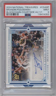 Brandin Podziemski from the 2023-24 Panini National Treasures Blockchain set featuring a Platinum  parallel graded by PSA and given an overall grade of 9.