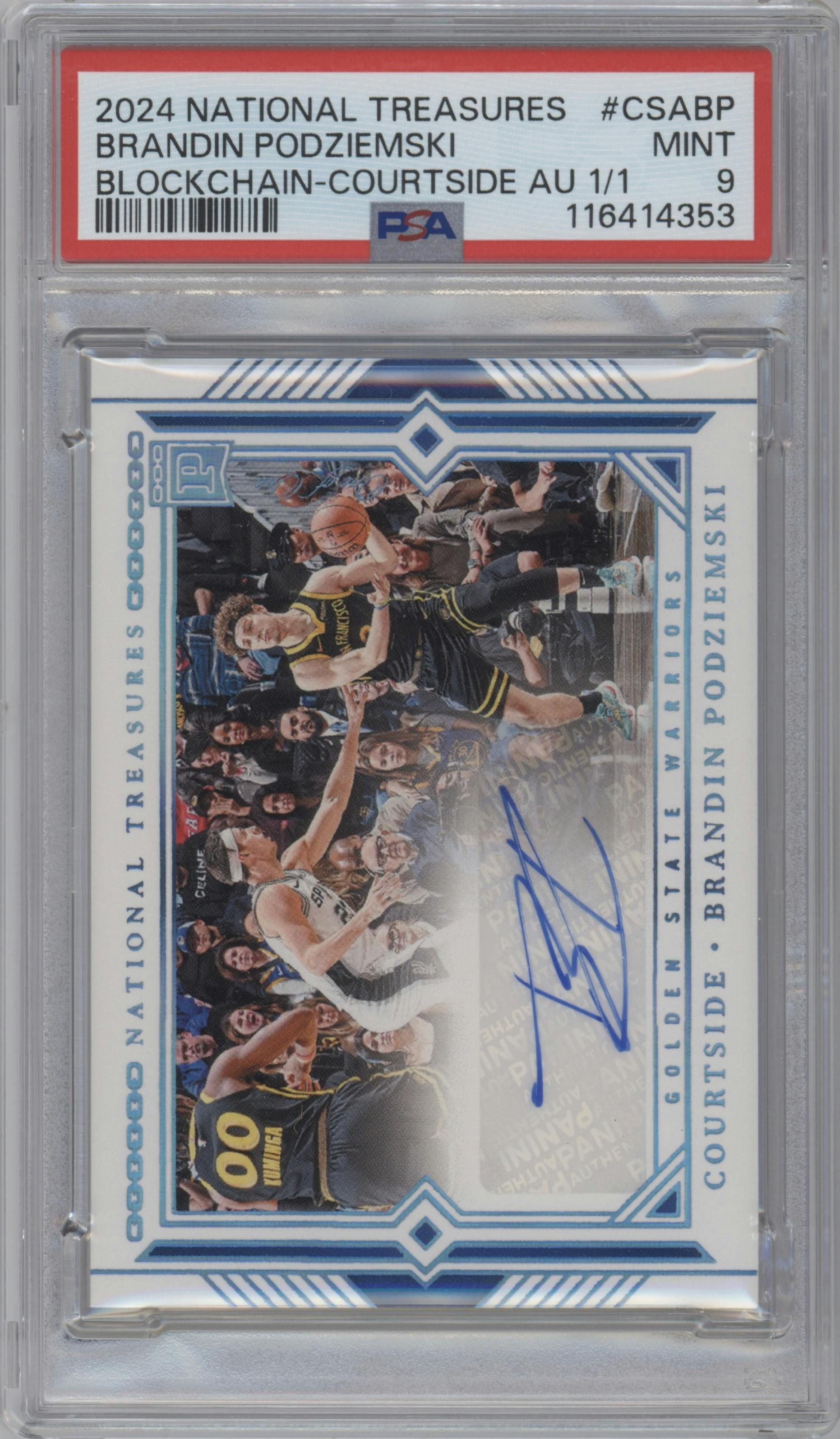 Brandin Podziemski from the 2023-24 Panini National Treasures Blockchain set featuring a Platinum  parallel graded by PSA and given an overall grade of 9.