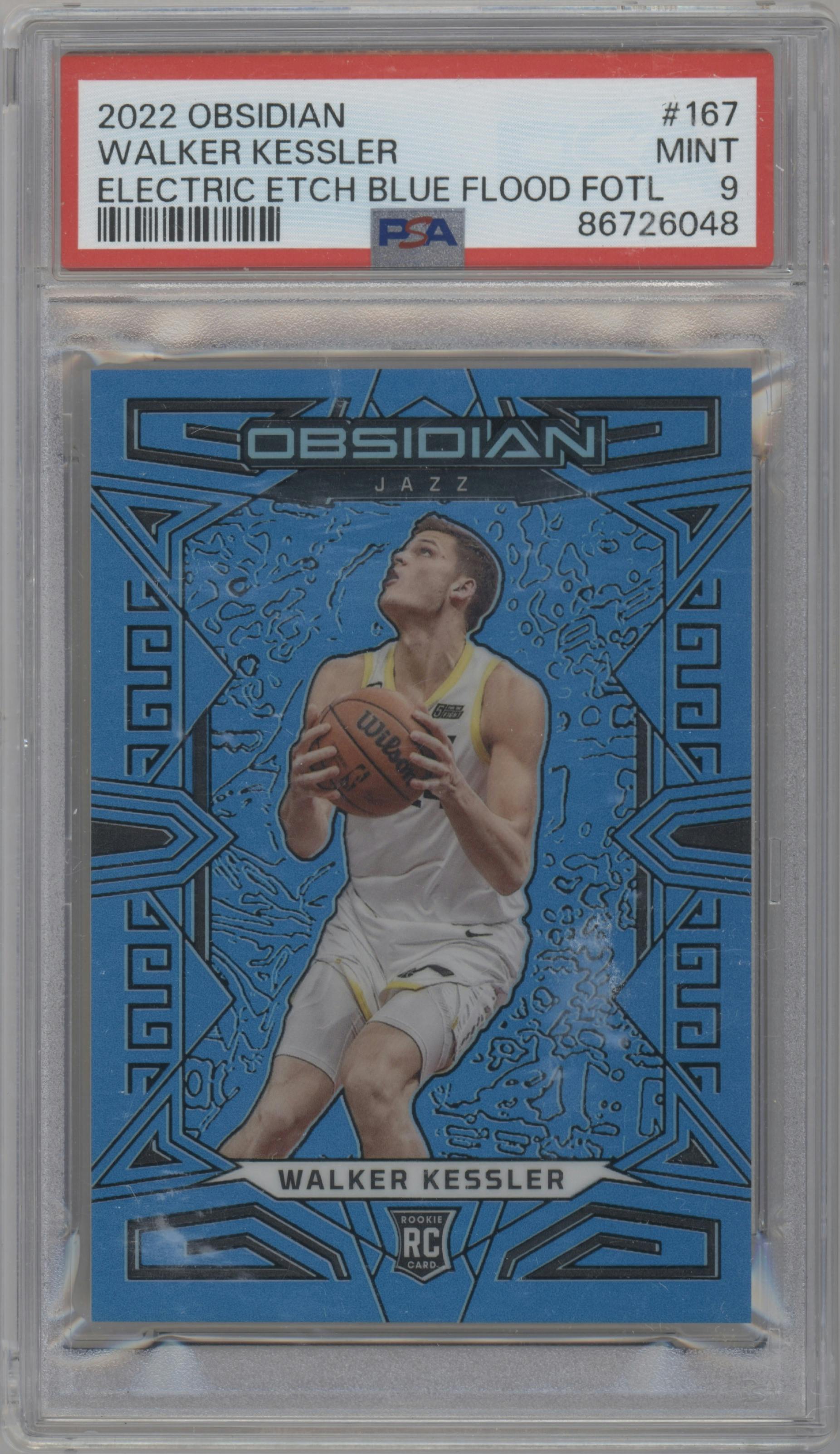 Walker Kessler from the 2022-23 Panini Obsidian set featuring a  FOTL Electric Etch Blue Flood  parallel graded by PSA and given an overall grade of 9.