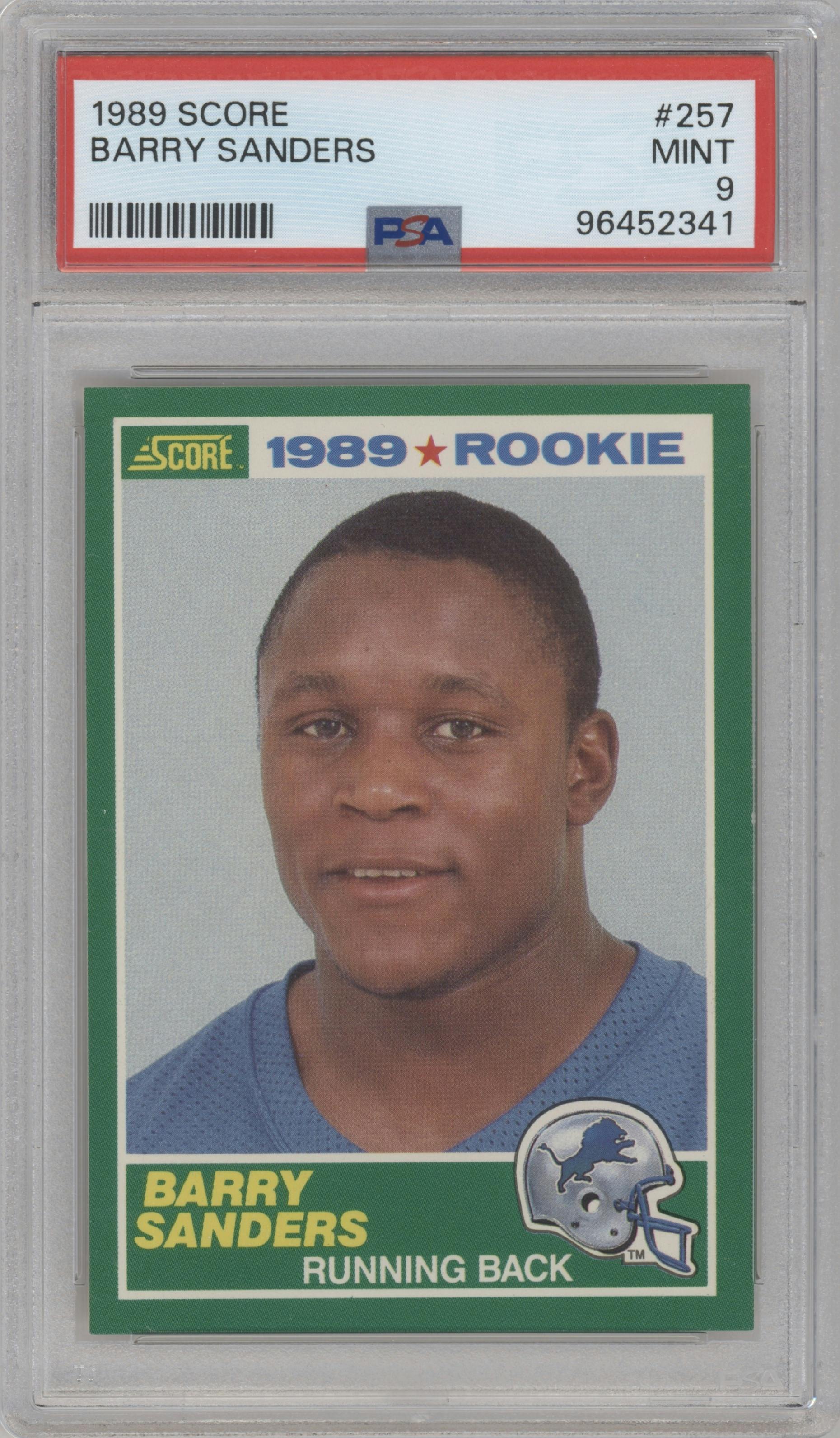 Barry Sanders from the 1989 Score set graded by PSA and given an overall grade of 9.