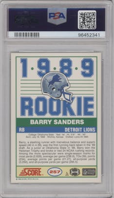 Barry Sanders from the 1989 Score set graded by PSA and given an overall grade of 9.