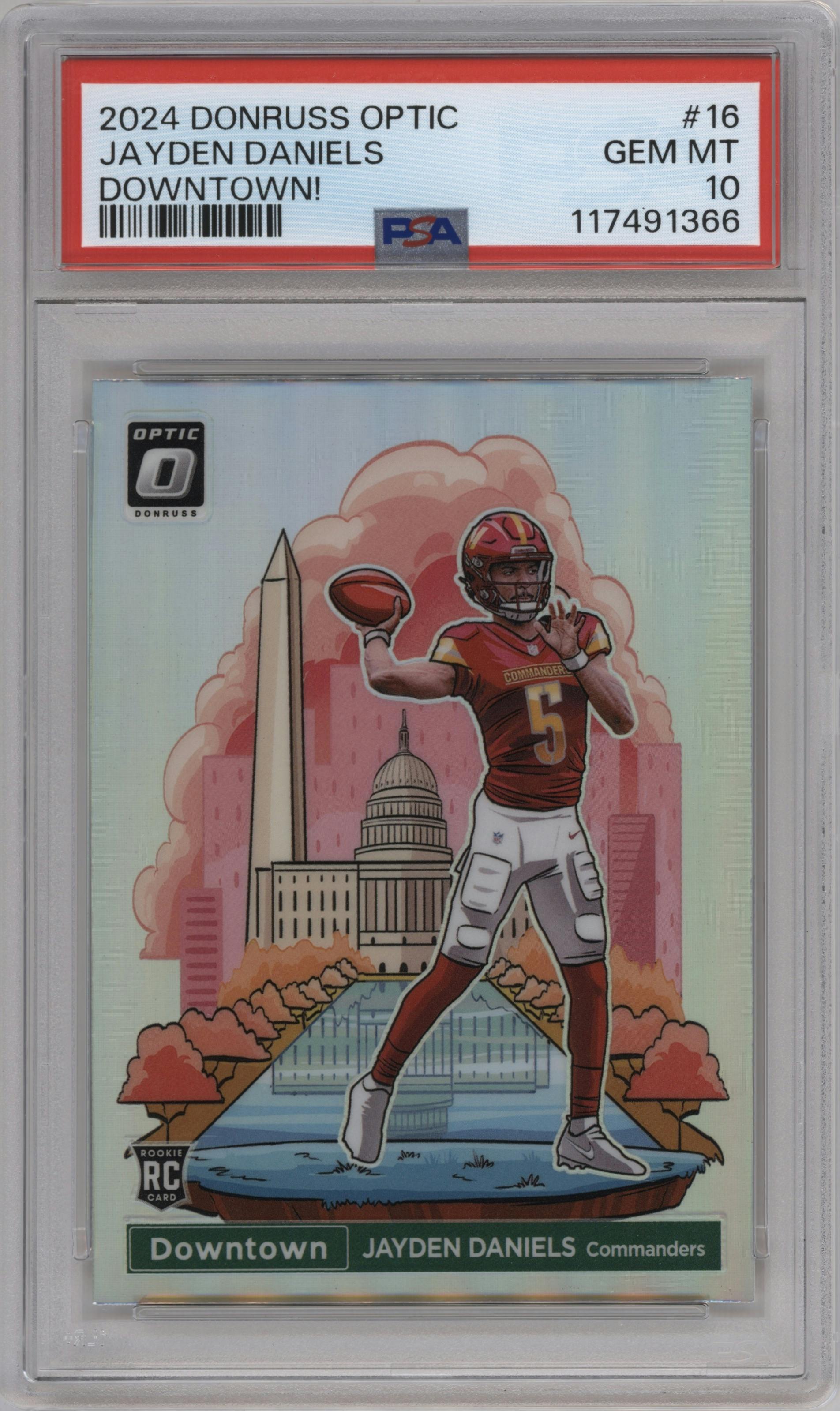 Jayden Daniels from the 2024 Donruss Optic set graded by PSA and given an overall grade of 10.