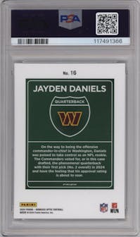 Jayden Daniels from the 2024 Donruss Optic set graded by PSA and given an overall grade of 10.