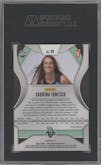 Sabrina Ionescu from the 2020 Panini Prizm WNBA set featuring a Ruby Wave parallel graded by SGC and given an overall grade of 9.5.