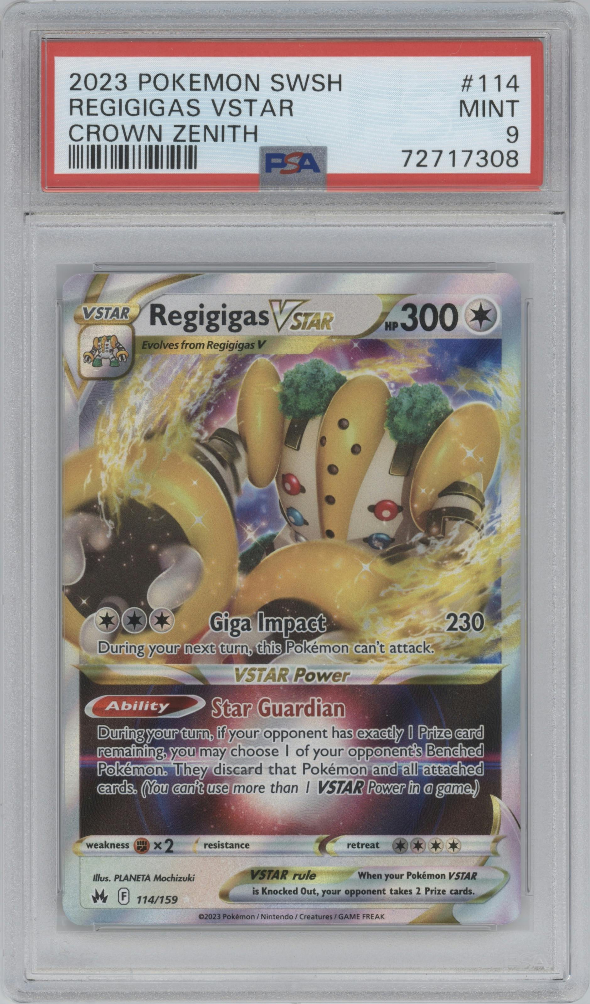 Regigigas VSTAR from the 2023 Pokemon SWSH set graded by PSA and given an overall grade of 9.