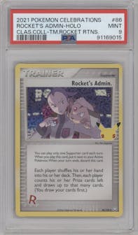 Rocket's Admin. from the 2021 Pokemon SWSH set featuring a Team Rocket Returns parallel graded by PSA and given an overall grade of 9.