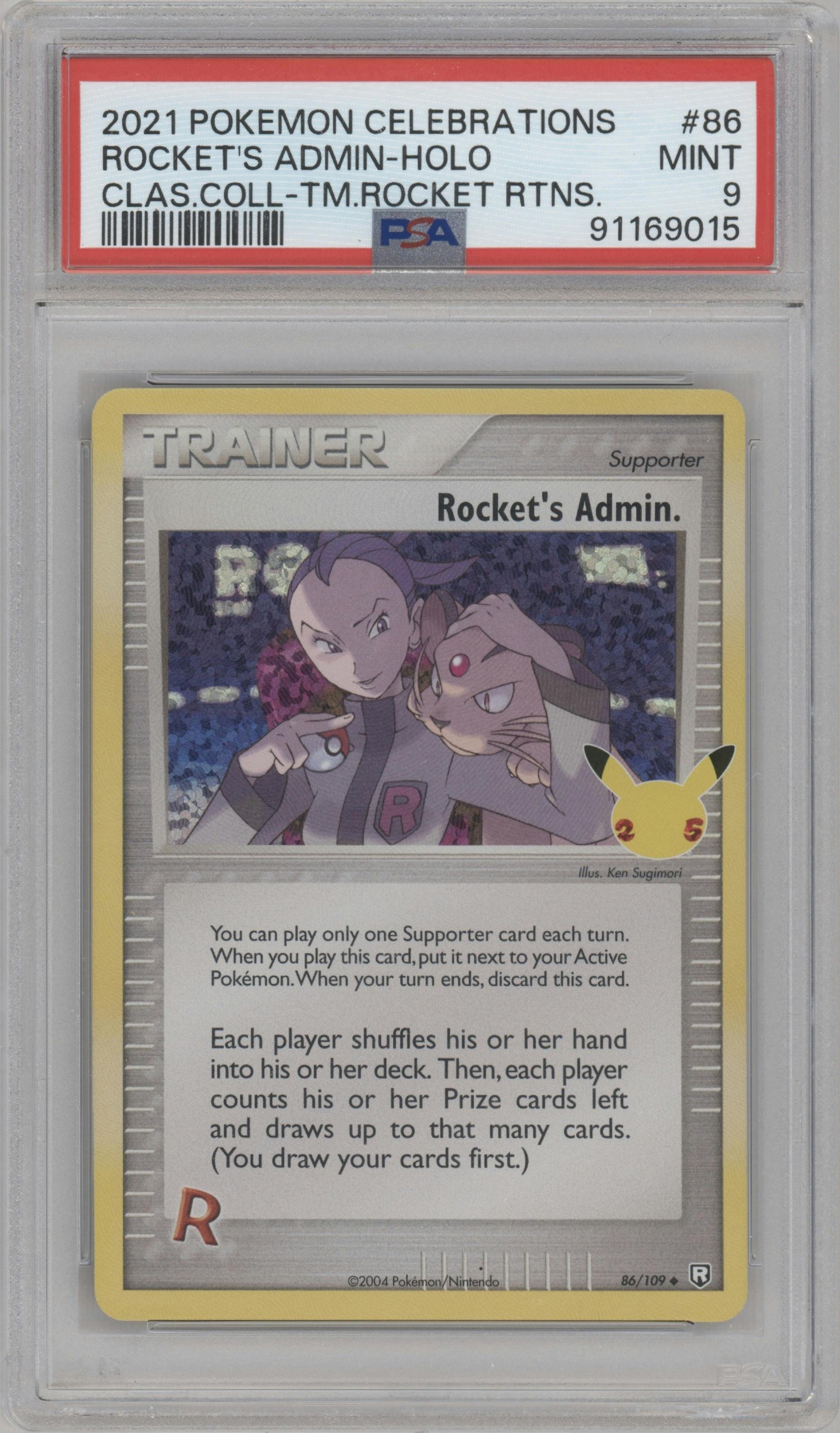 Rocket's Admin. from the 2021 Pokemon SWSH set featuring a Team Rocket Returns parallel graded by PSA and given an overall grade of 9.