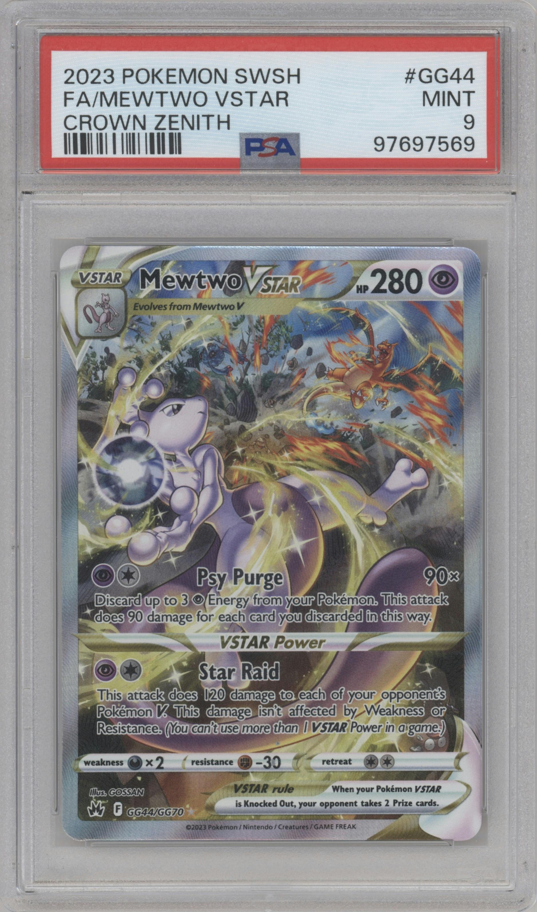 Mewtwo VSTAR from the 2023 Pokemon SWSH set graded by PSA and given an overall grade of 9.