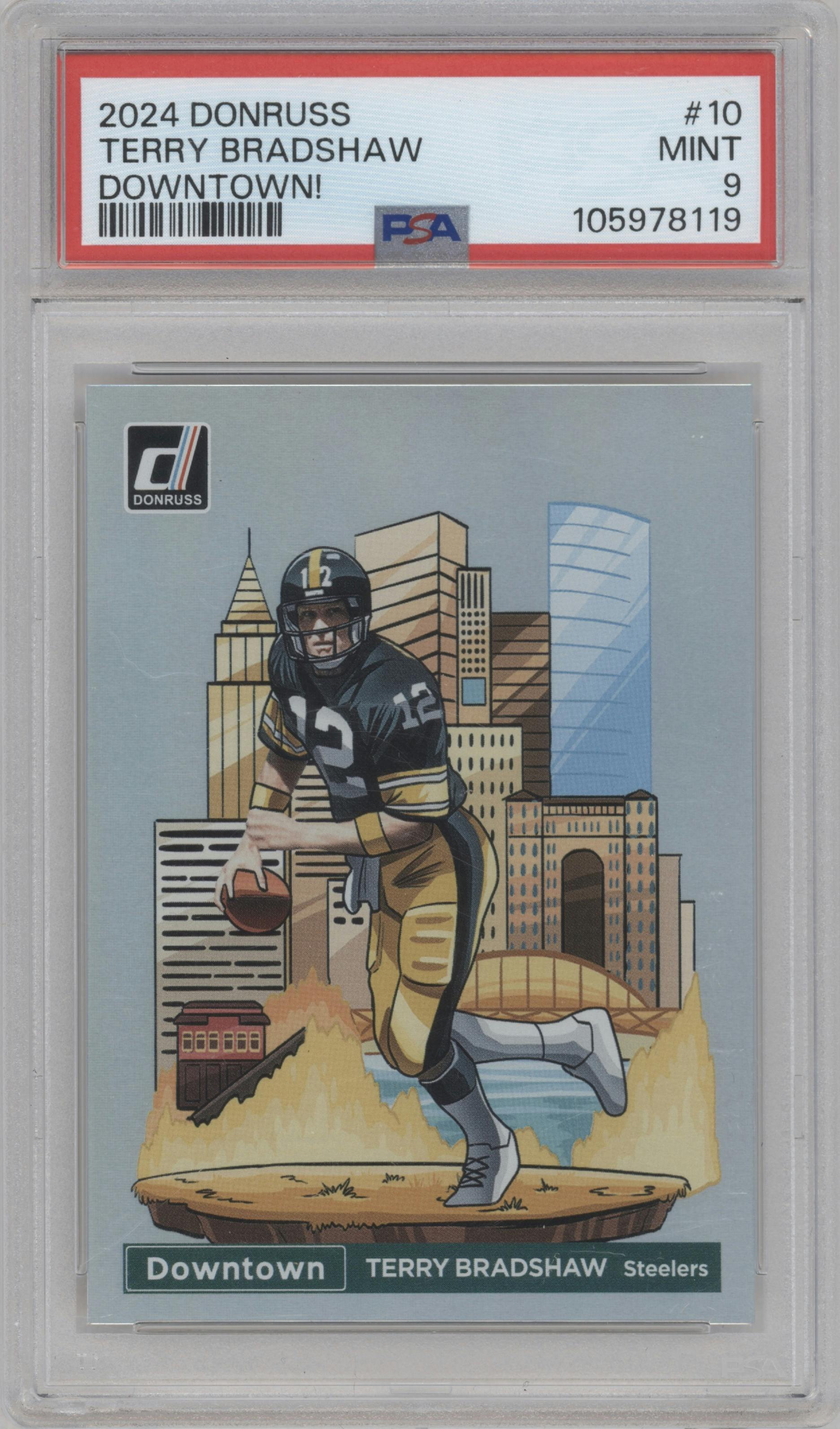 Terry Bradshaw from the 2024 Donruss set graded by PSA and given an overall grade of 9.