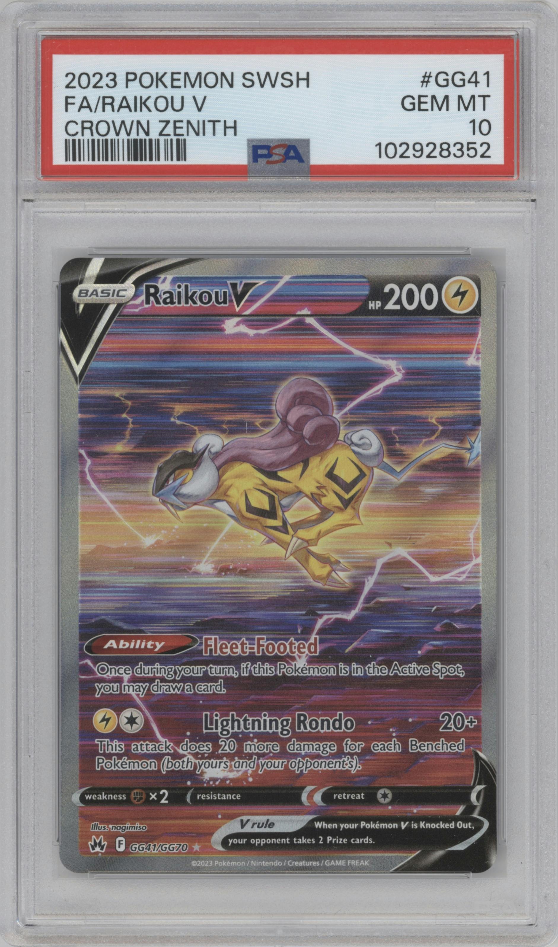 Raikou V from the 2023 Pokemon SWSH set graded by PSA and given an overall grade of 10.