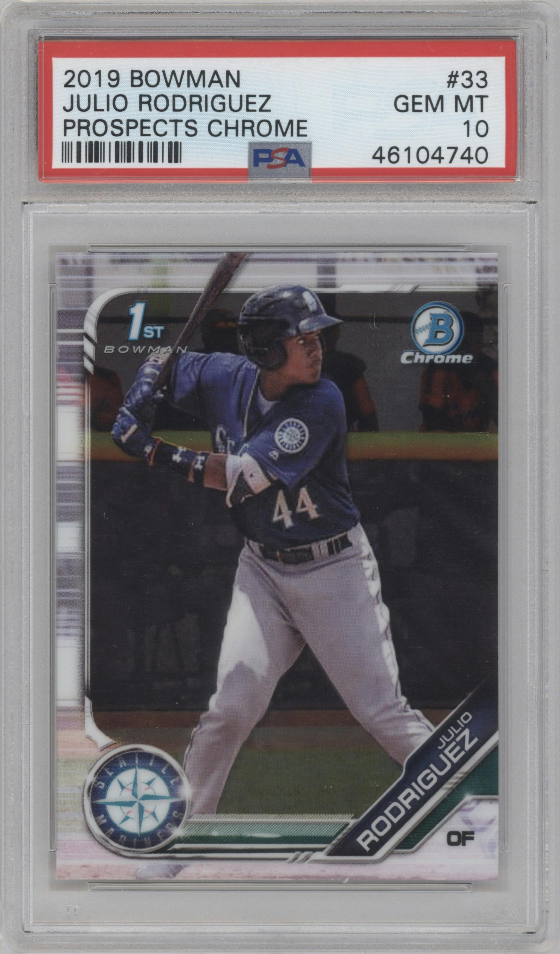 Julio Rodriguez from the 2019 Bowman  set graded by PSA and given an overall grade of 10.