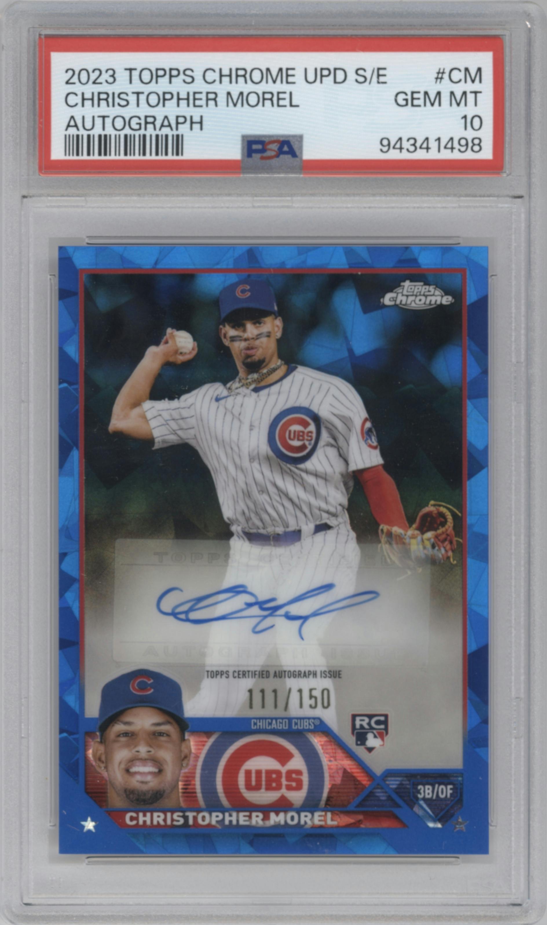 Christopher Morel from the 2023 Topps Chrome Update Series Sapphire Edition set graded by PSA and given an overall grade of 10.