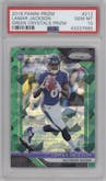 Lamar Jackson from the 2018 Panini Prizm set featuring a Green Crystals Prizm  parallel graded by PSA and given an overall grade of 10.
