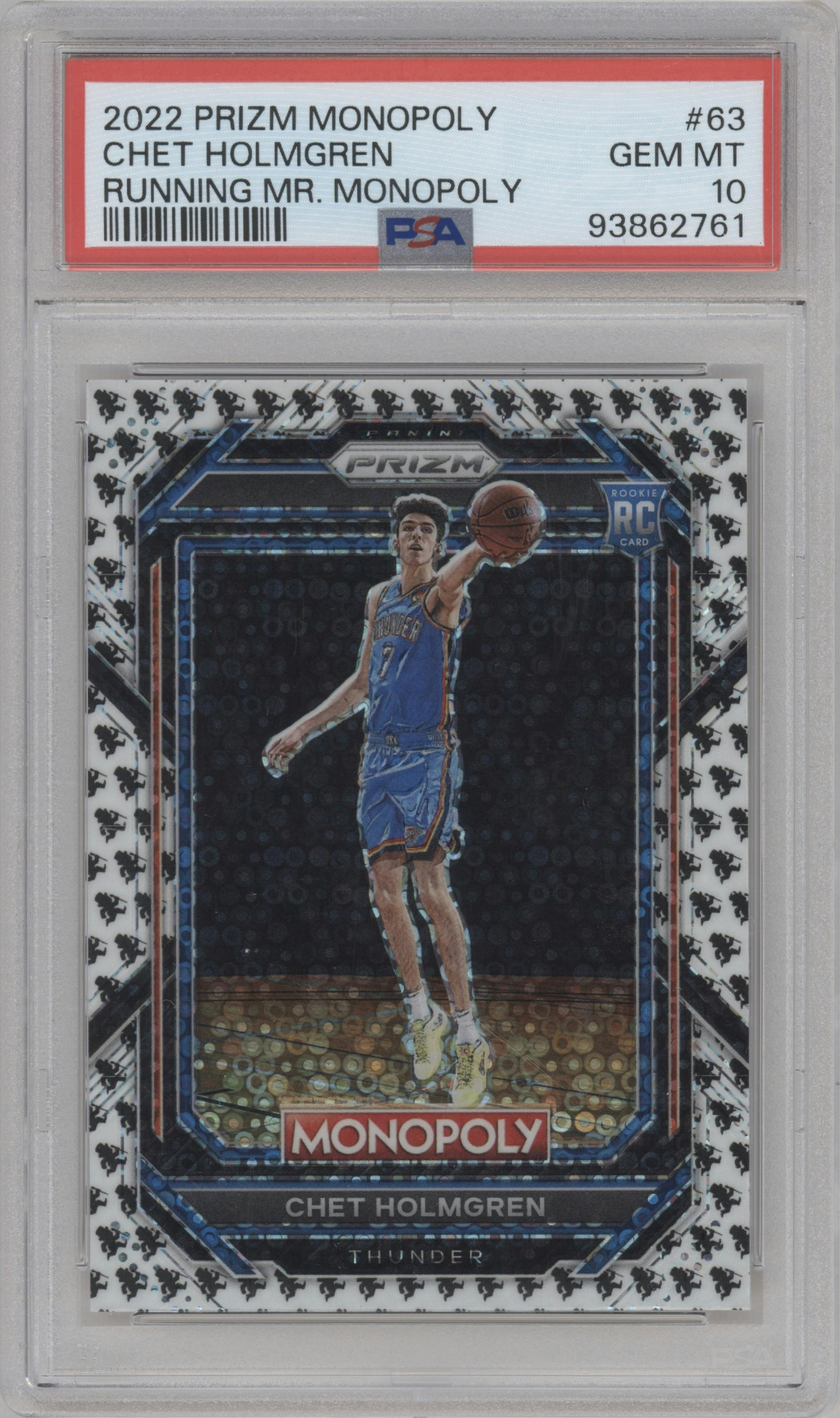 Chet Holmgren from the 2022-23 Panini Prizm Monopoly set featuring a Running Mr. Monopoly parallel graded by PSA and given an overall grade of 10.