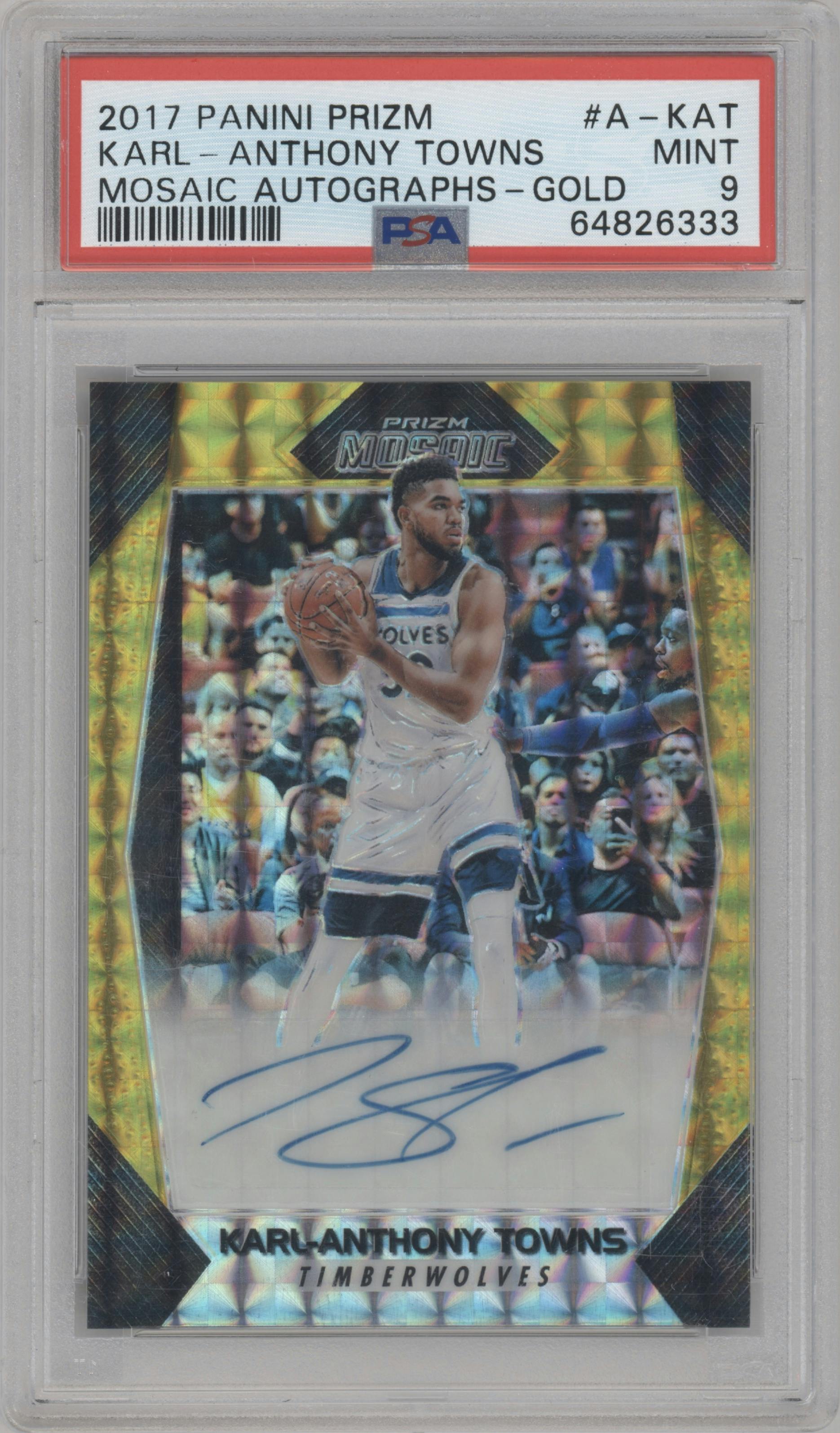Karl-Anthony Towns from the 2017-18 Panini Mosaic Prizm  set featuring a Gold parallel graded by PSA and given an overall grade of 9.
