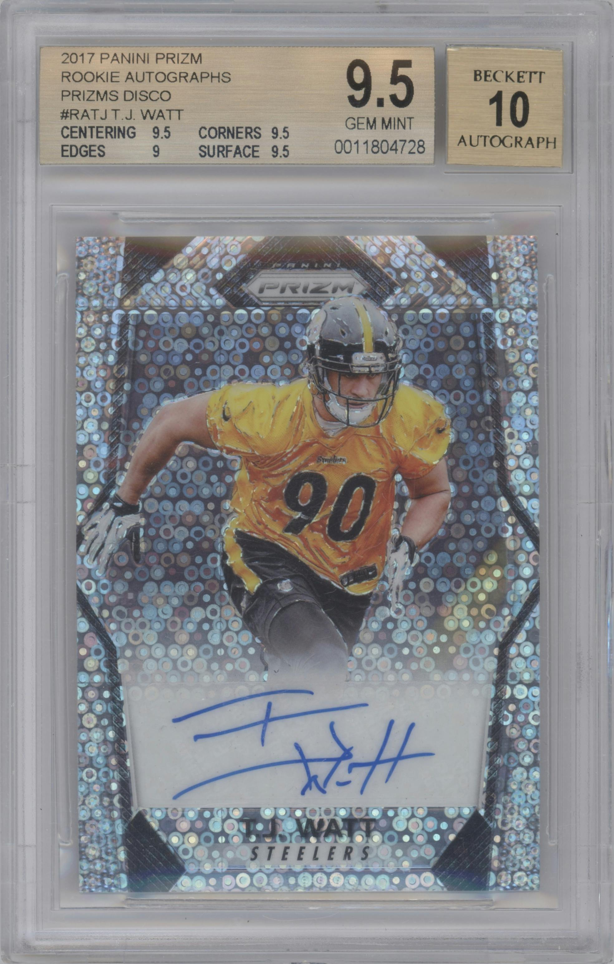 T.J. Watt from the 2017 Panini Prizm set featuring a Disco parallel graded by Beckett and given an overall grade of 9.5.