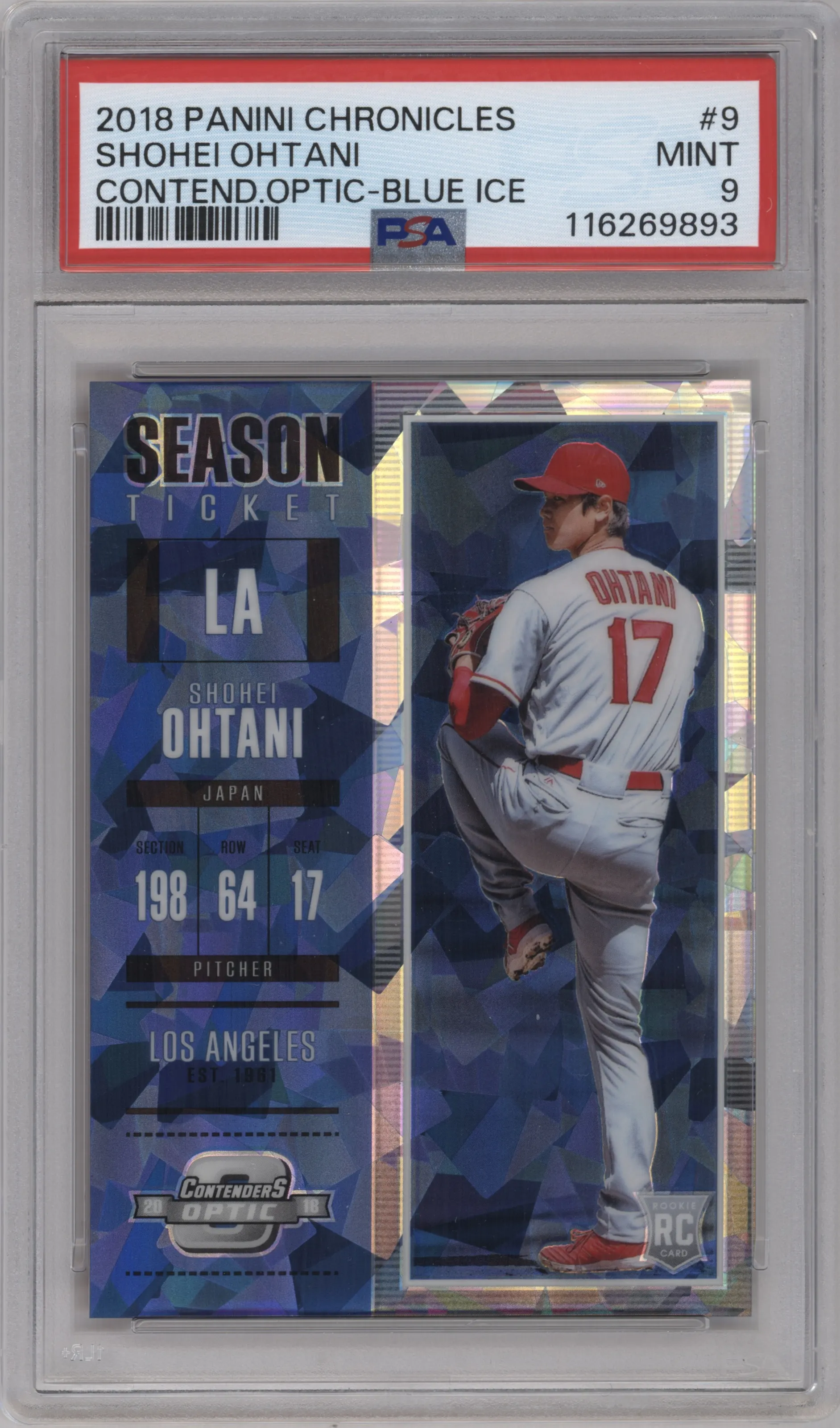 2018 Panini Chronicles Cont.Opt.Seas.Tkt. Shohei Ohtani Blue Ice #9 PSA 9