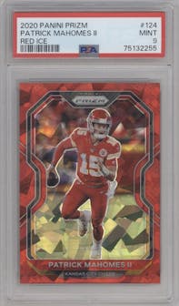 Patrick Mahomes II from the 2020 Panini Prizm set featuring a Red Ice Prizm parallel graded by PSA and given an overall grade of 9.