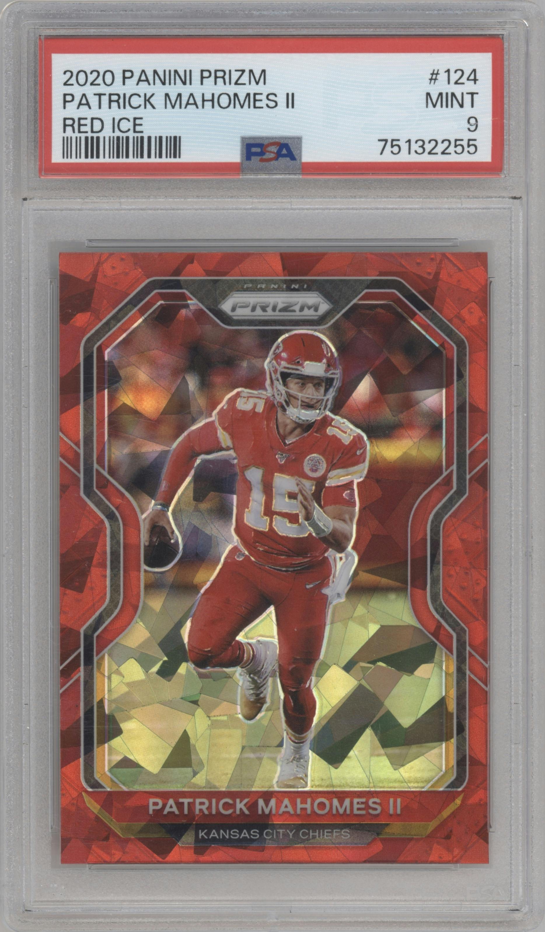Patrick Mahomes II from the 2020 Panini Prizm set featuring a Red Ice Prizm parallel graded by PSA and given an overall grade of 9.