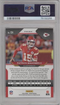 Patrick Mahomes II from the 2020 Panini Prizm set featuring a Red Ice Prizm parallel graded by PSA and given an overall grade of 9.