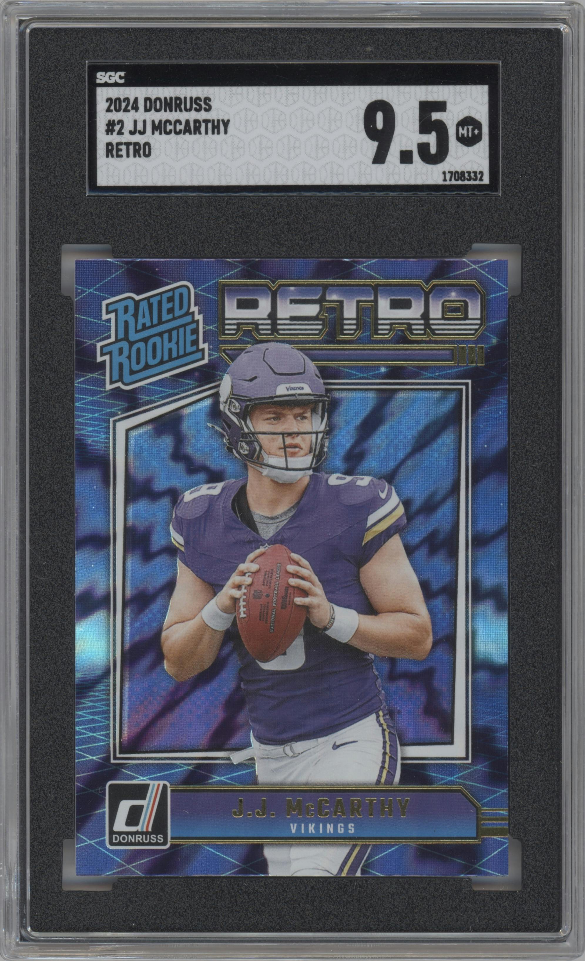 J.J. McCarthy from the 2024 Donruss set graded by SGC and given an overall grade of 9.5.