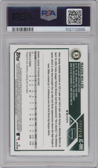 Mason Miller from the 2023 Topps Chrome Update set featuring a Blue RayWave Refractor parallel graded by PSA and given an overall grade of 8.