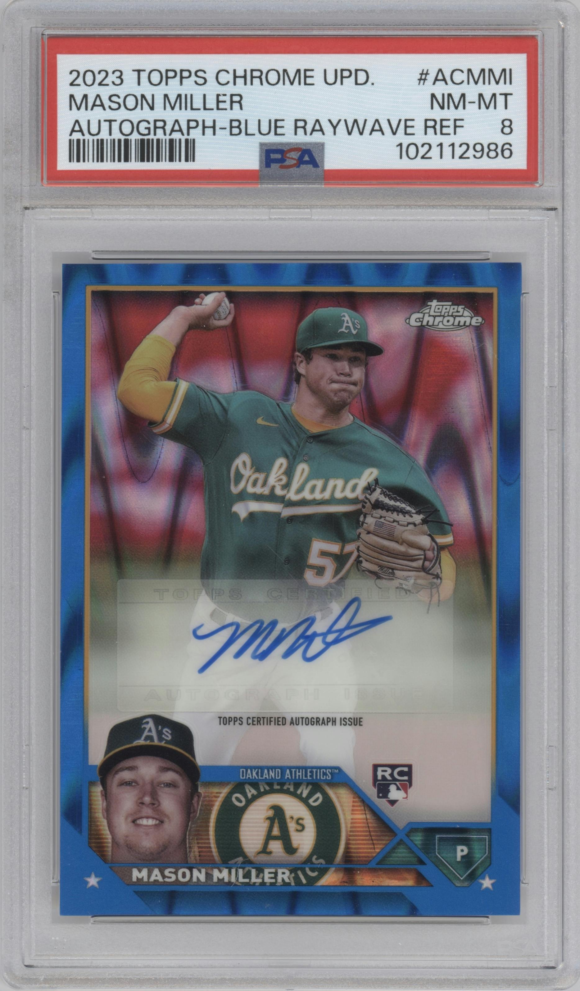 Mason Miller from the 2023 Topps Chrome Update set featuring a Blue RayWave Refractor parallel graded by PSA and given an overall grade of 8.