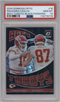 Patrick Mahomes II/Travis Kelce from the 2024 Donruss Optic set featuring a Black Pandora parallel graded by PSA and given an overall grade of 10.