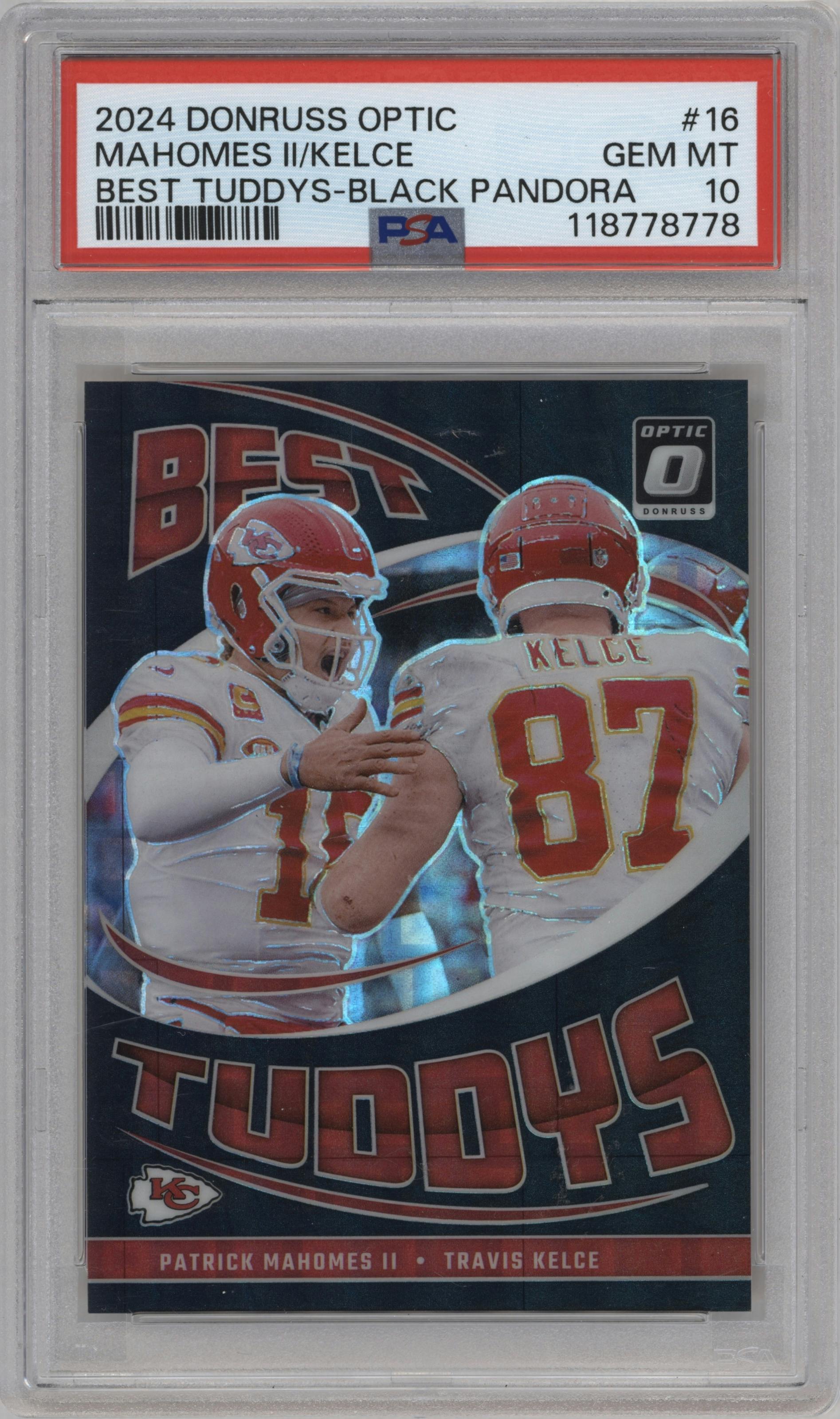 Patrick Mahomes II/Travis Kelce from the 2024 Donruss Optic set featuring a Black Pandora parallel graded by PSA and given an overall grade of 10.