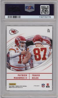 Patrick Mahomes II/Travis Kelce from the 2024 Donruss Optic set featuring a Black Pandora parallel graded by PSA and given an overall grade of 10.