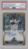 Brock Vradenburg from the 2023 Bowman Draft set featuring a Gold Refractor parallel graded by PSA and given an overall grade of 10.