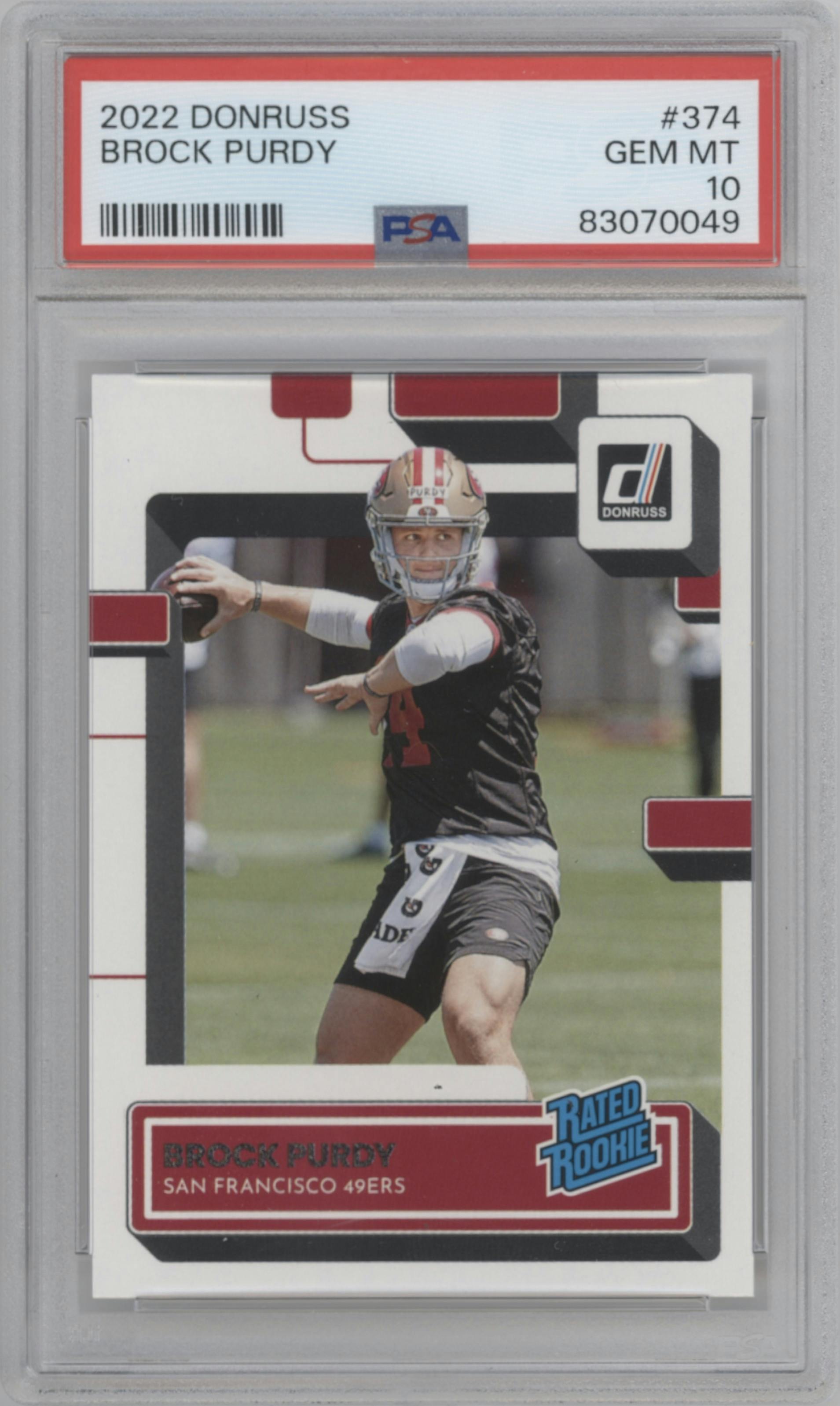 Brock Purdy from the 2022 Panini Donruss set graded by PSA and given an overall grade of 10.