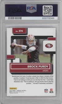 Brock Purdy from the 2022 Panini Donruss set graded by PSA and given an overall grade of 10.