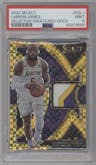 Lebron James from the 2022-23 Panini Select set featuring a Gold Prizm parallel graded by PSA and given an overall grade of 9.