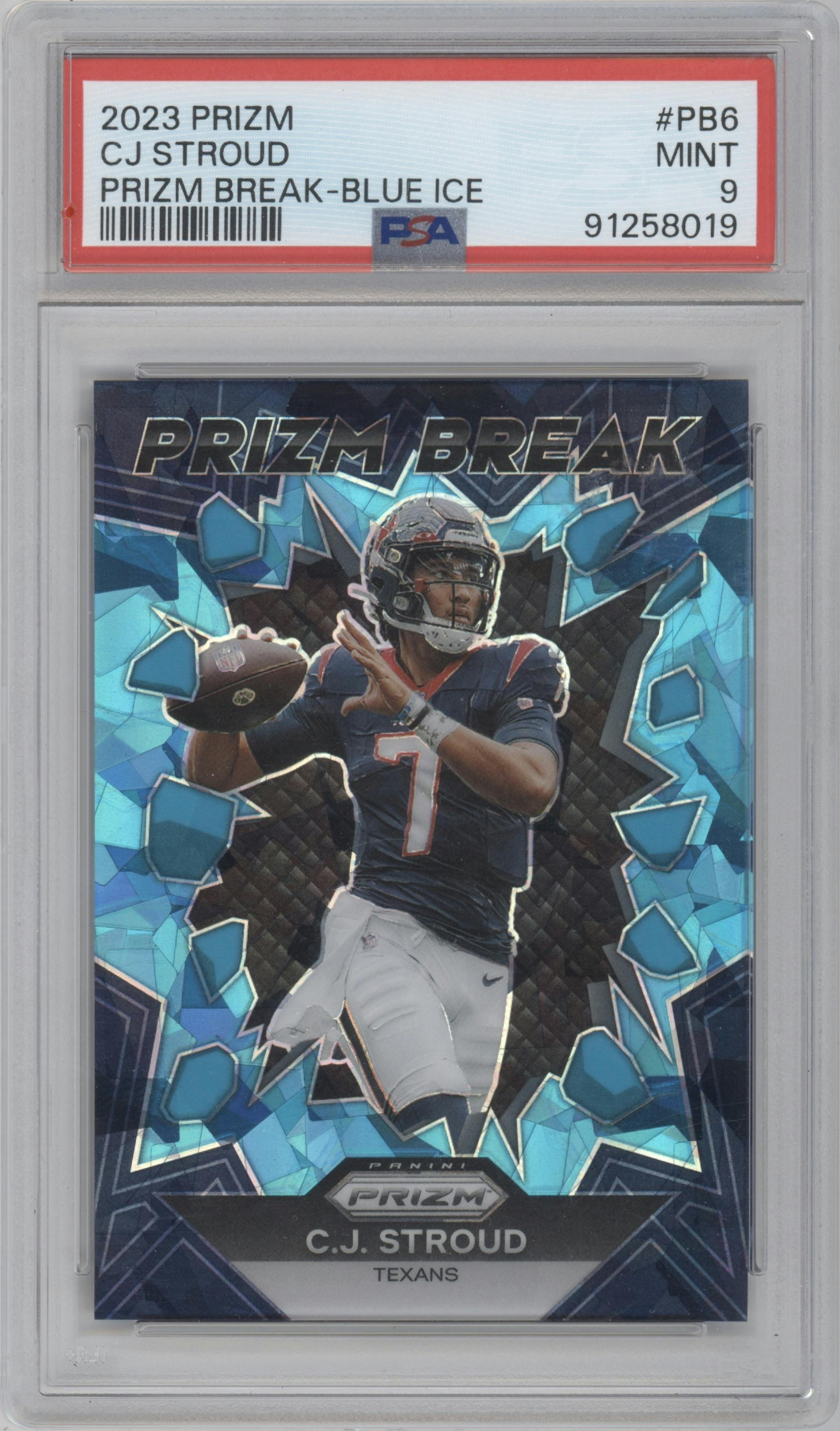 C.J. Stroud from the 2023 Panini Prizm set featuring a Blue Ice parallel graded by PSA and given an overall grade of 9.