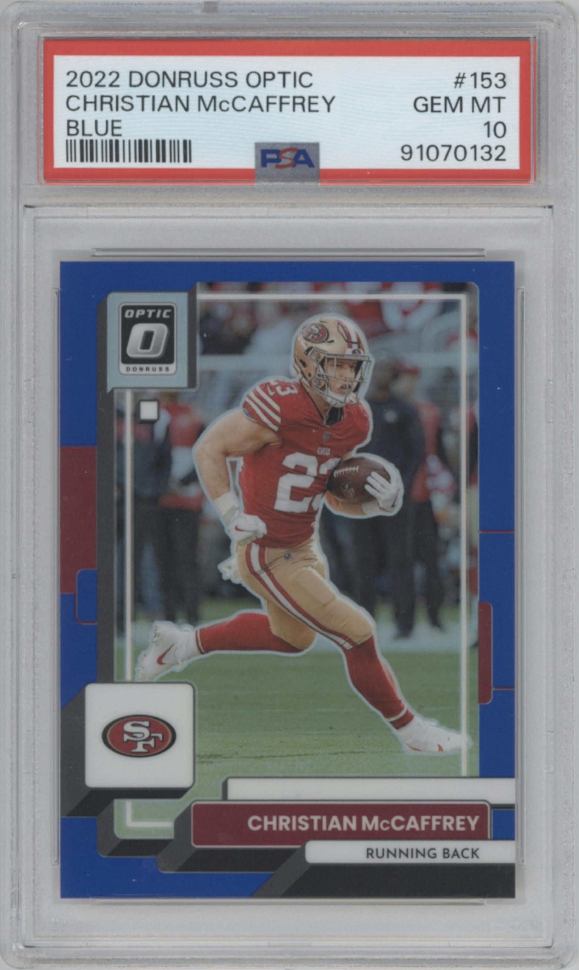 Christian McCaffrey from the 2022 Panini Donruss Optic set featuring a Blue parallel graded by PSA and given an overall grade of 10.
