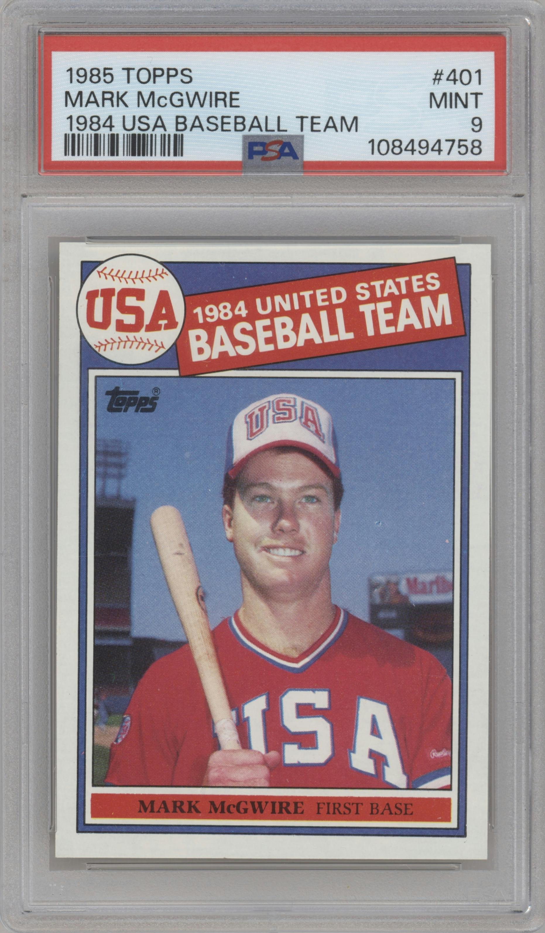 Mark McGwire from the 1985 Topps set graded by PSA and given an overall grade of 9.