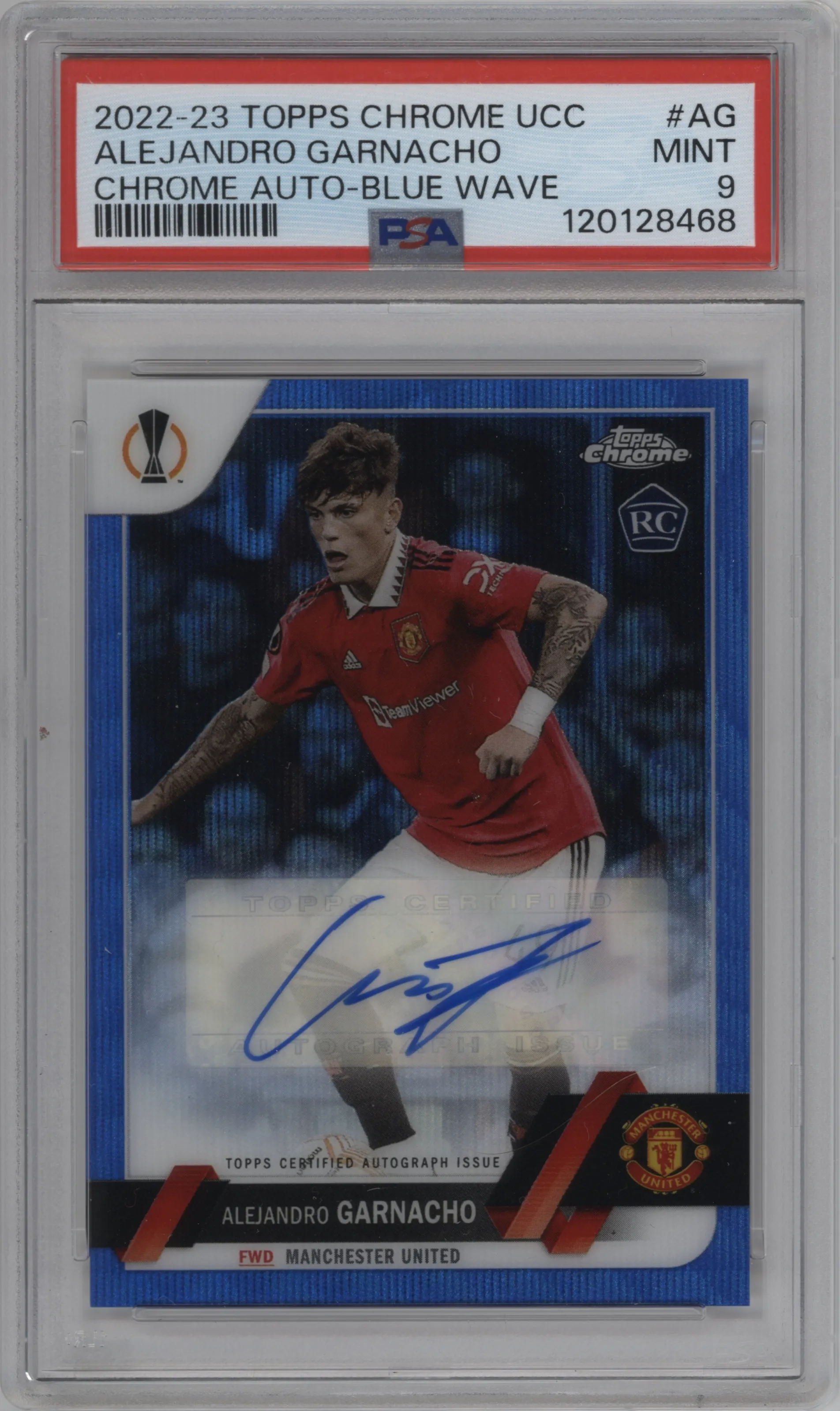2022 Topps Chrome UEFA Club Competitions Auto Alejandro Garnacho Blue Wave PSA 9