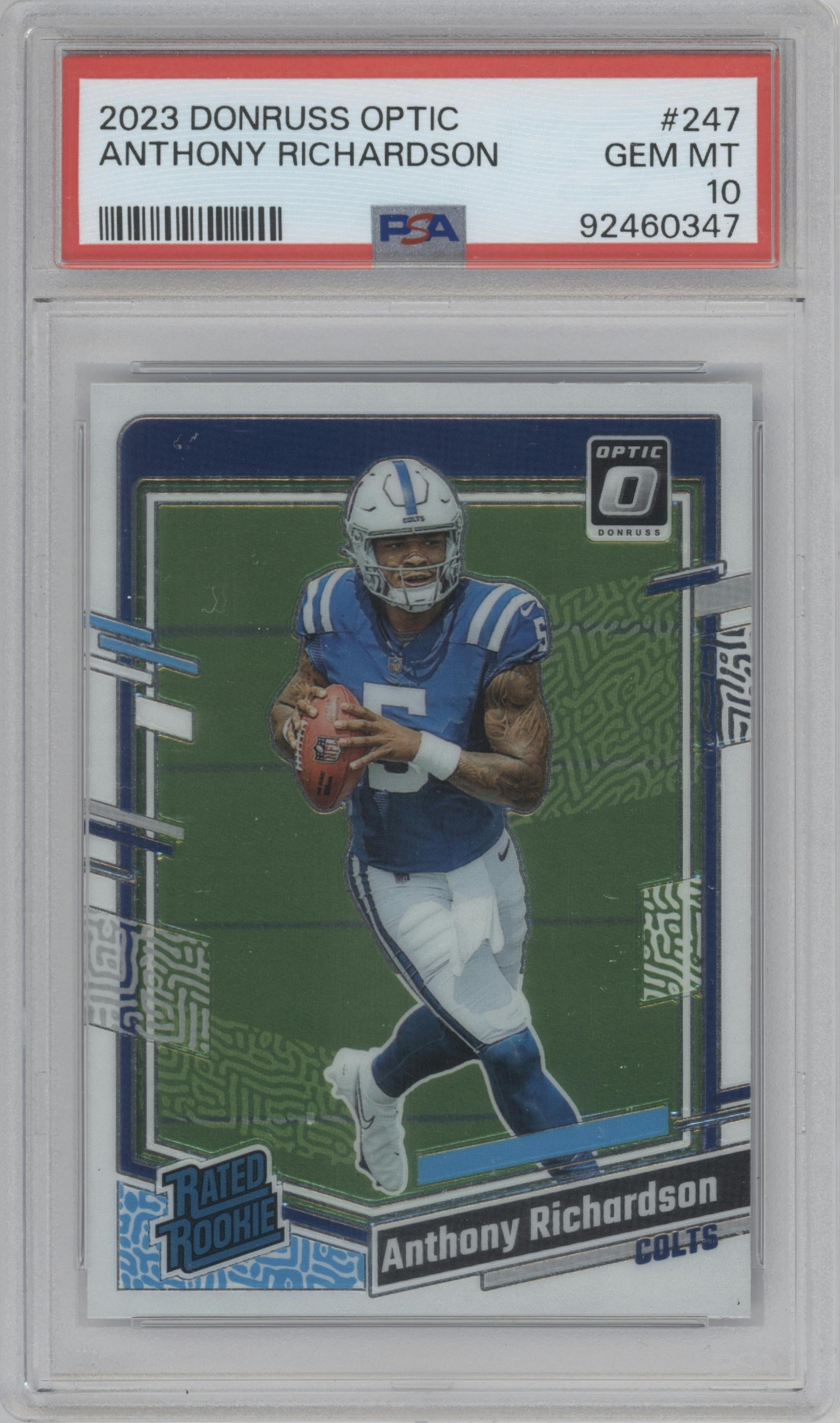 Anthony Richardson from the 2023 Donruss Optic set graded by PSA and given an overall grade of 10.