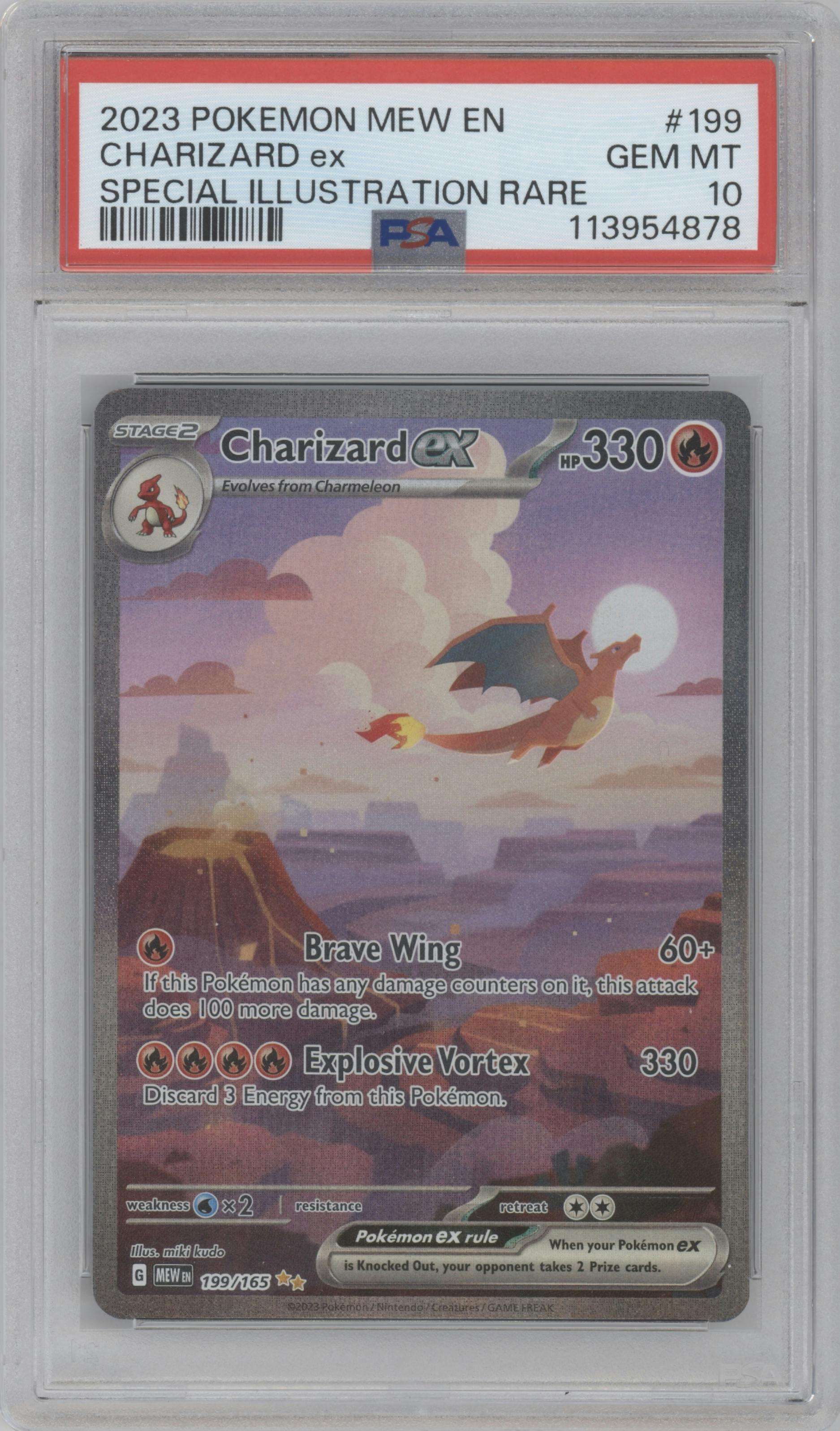 Charizard ex from the 2023 Pokemon SV set graded by PSA and given an overall grade of 10.