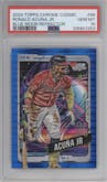Ronald Acuna Jr. from the 2024 Topps Cosmic Chrome set featuring a Blue Moon Refractor parallel graded by PSA and given an overall grade of 10.