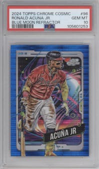 Ronald Acuna Jr. from the 2024 Topps Cosmic Chrome set featuring a Blue Moon Refractor parallel graded by PSA and given an overall grade of 10.