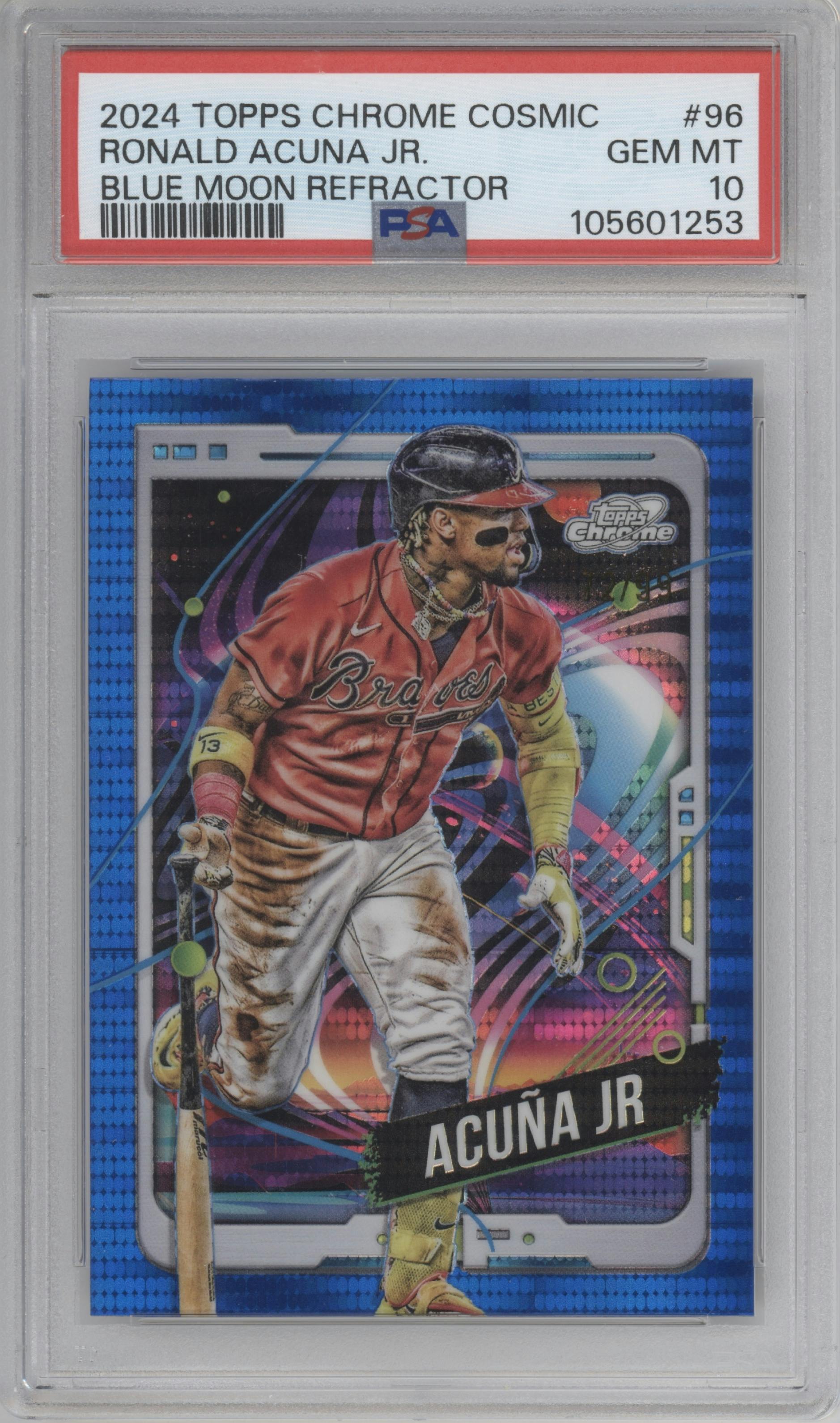Ronald Acuna Jr. from the 2024 Topps Cosmic Chrome set featuring a Blue Moon Refractor parallel graded by PSA and given an overall grade of 10.