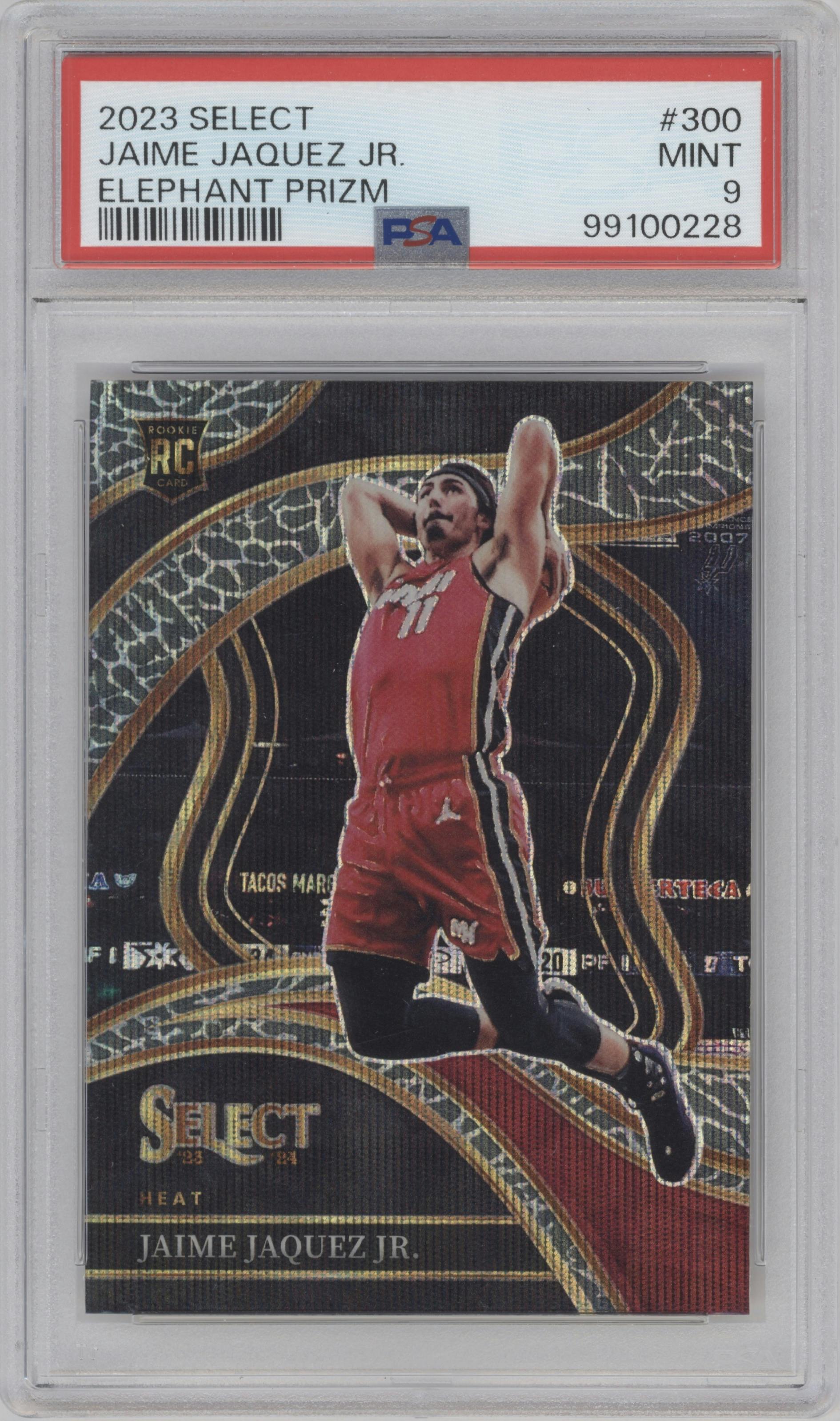 Jaime Jaquez Jr. from the 2023-24 Panini Select  set featuring a Elephant parallel graded by PSA and given an overall grade of 9.