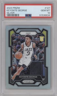 Keyonte George from the 2023-24 Panini Prizm set featuring a Silver Prizm  parallel graded by PSA and given an overall grade of 10.