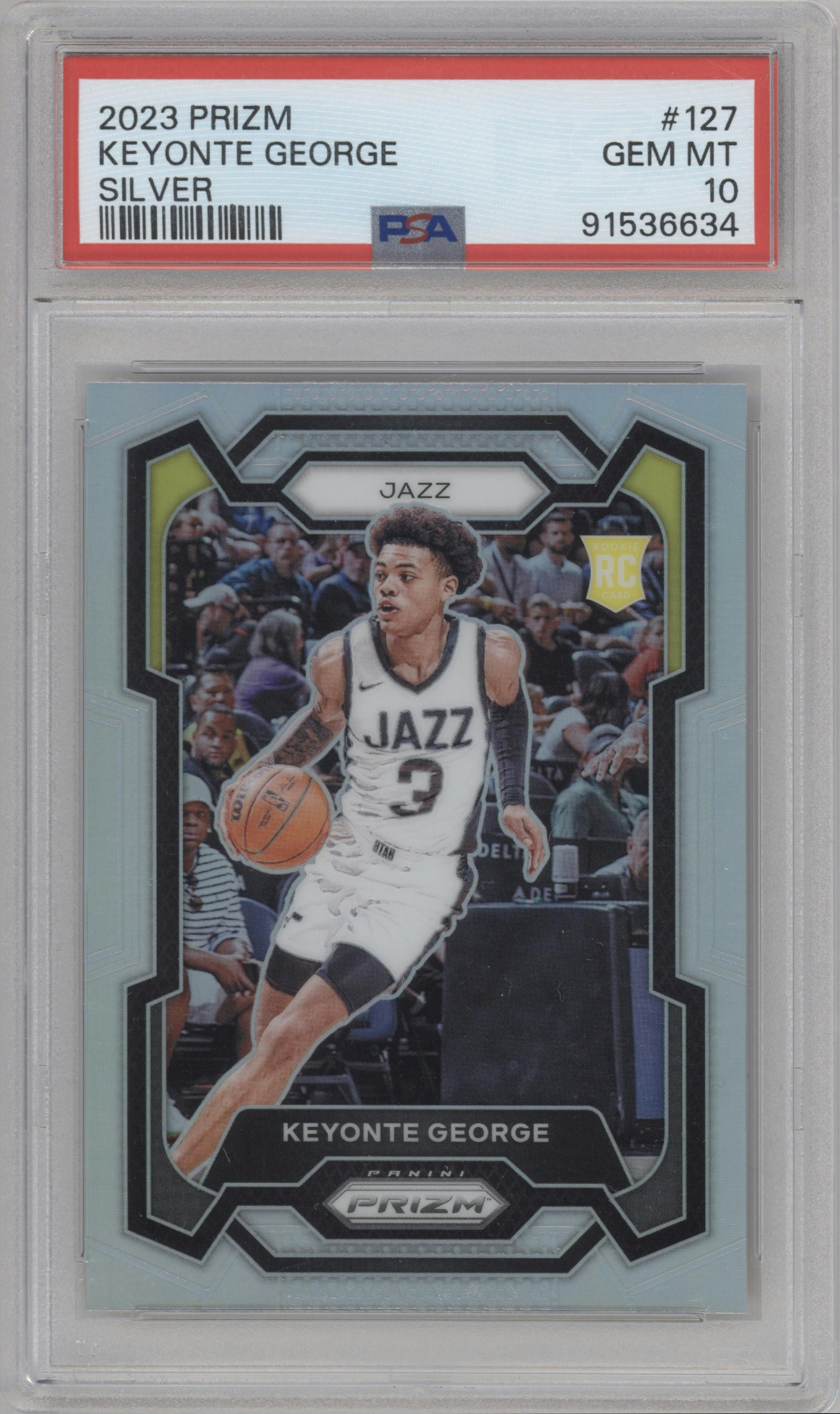 Keyonte George from the 2023-24 Panini Prizm set featuring a Silver Prizm  parallel graded by PSA and given an overall grade of 10.