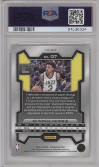 Keyonte George from the 2023-24 Panini Prizm set featuring a Silver Prizm  parallel graded by PSA and given an overall grade of 10.