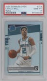 LaMelo Ball from the 2020-21 Panini Donruss Optic set featuring a Holo parallel graded by PSA and given an overall grade of 10.
